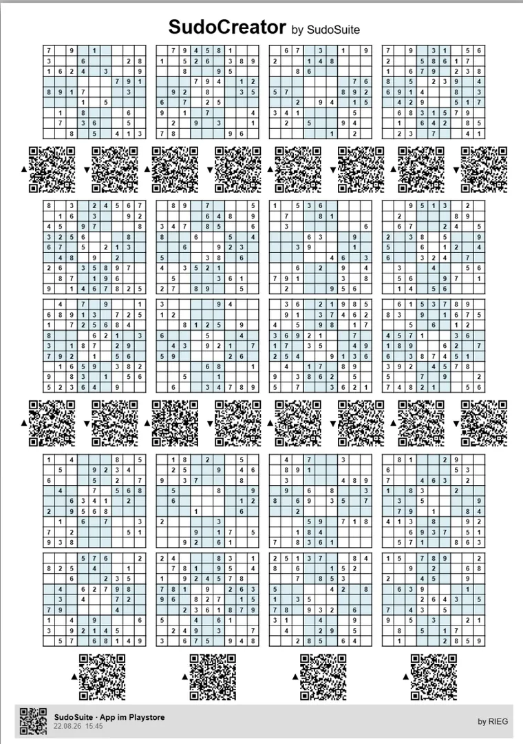 Sudoku-Blatt mit 20 Rätseln, türkises Papier, mit Lösungs-QR